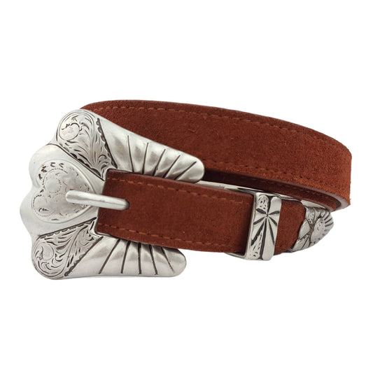 Western Buckle Set with Heart Design in Real Suede Belt