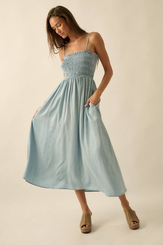 Denim Smocked Midi Dress