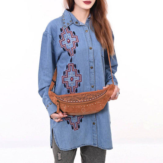 Cameron Embroidered Tan Suede Fanny Pack