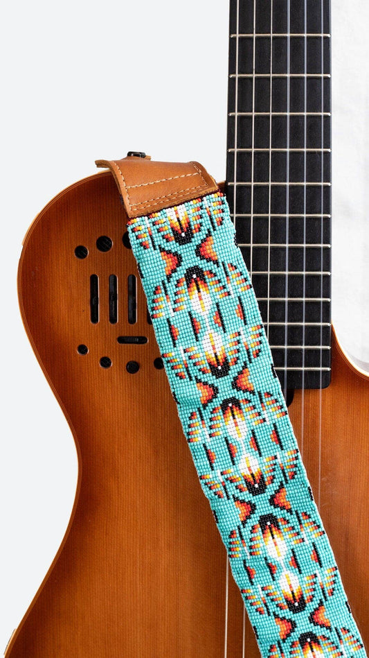 Eagle Feathers Beaded Leather Guitar Strap