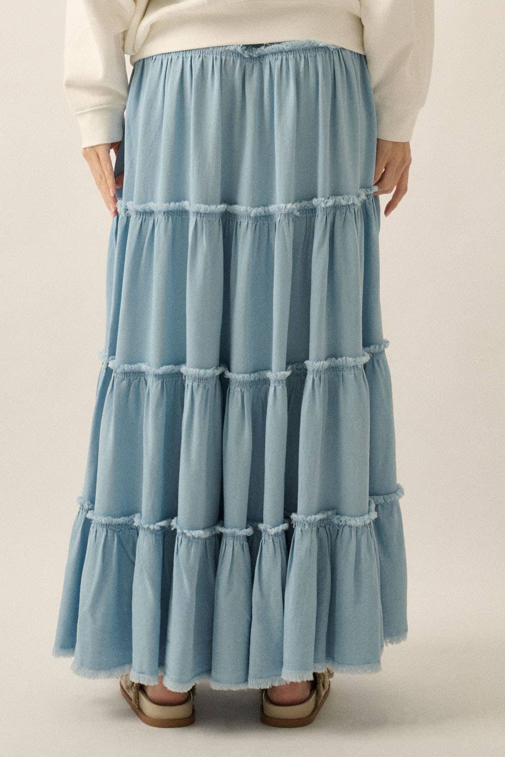 Denim Tiered Maxi Skirt