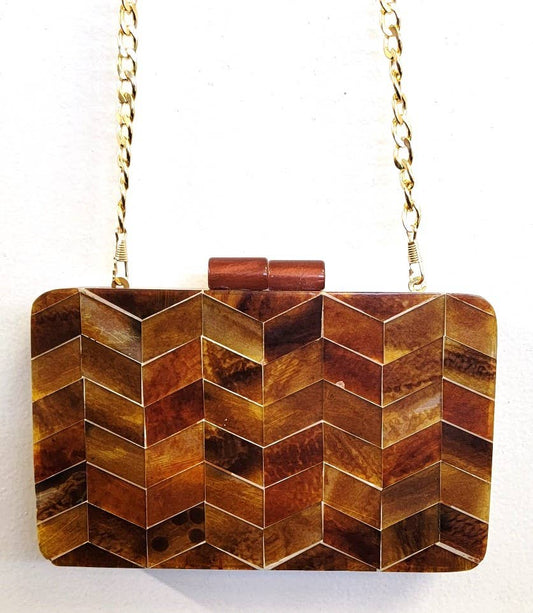 Box Clutch Wood Acrylic Inlay Tortoise Chevron