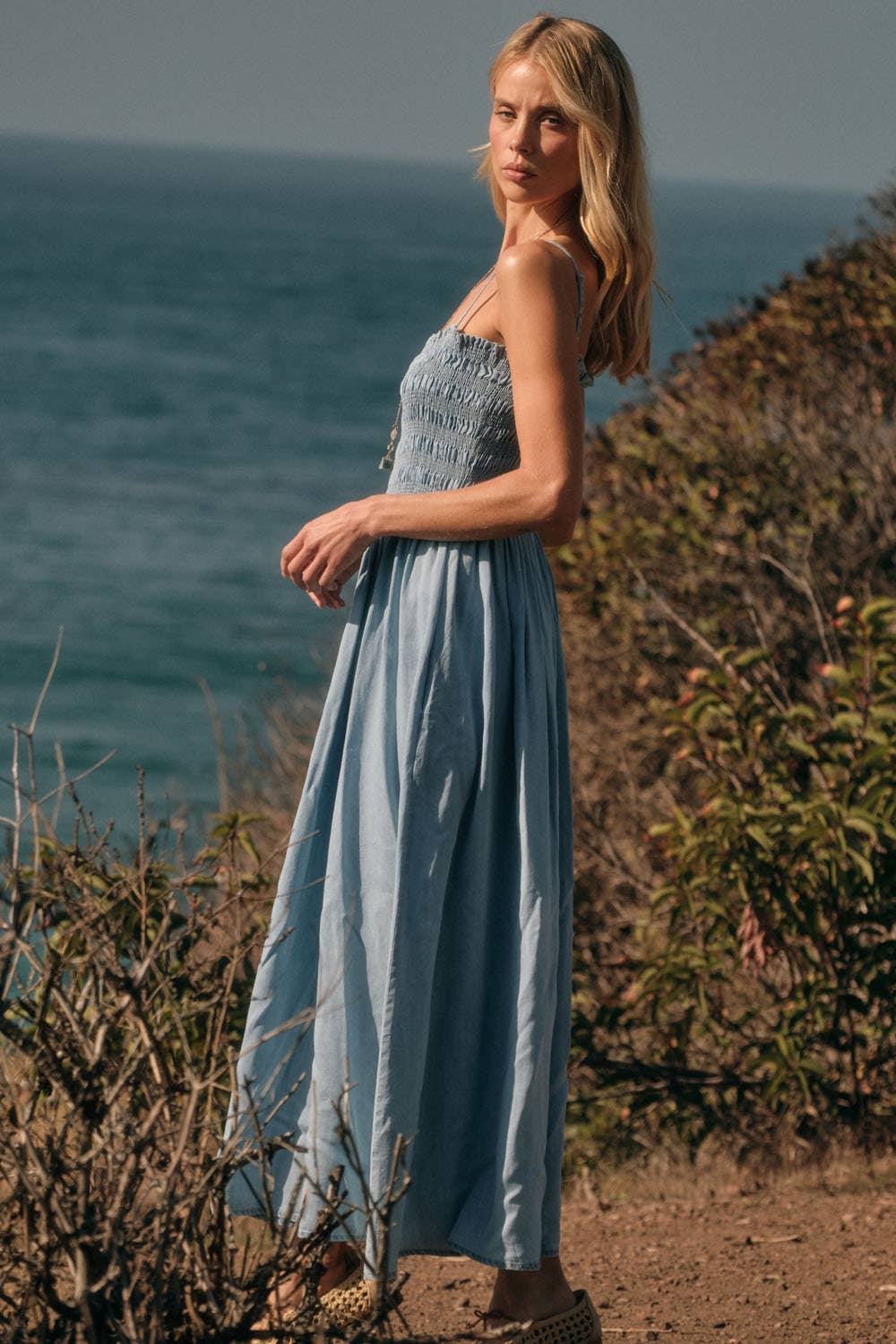 Denim Smocked Midi Dress