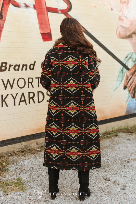 Black Aztec Long Coat w/fur