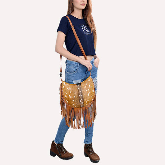 Maisy Hair-On Cowhide Fringe Hobo Cross-Body Bag
