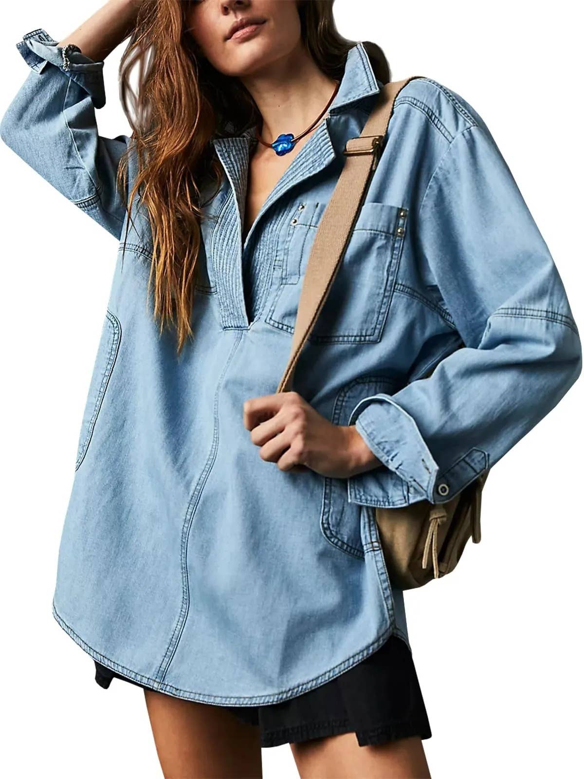 Old School oversized Washed Denim v-neck Pullover