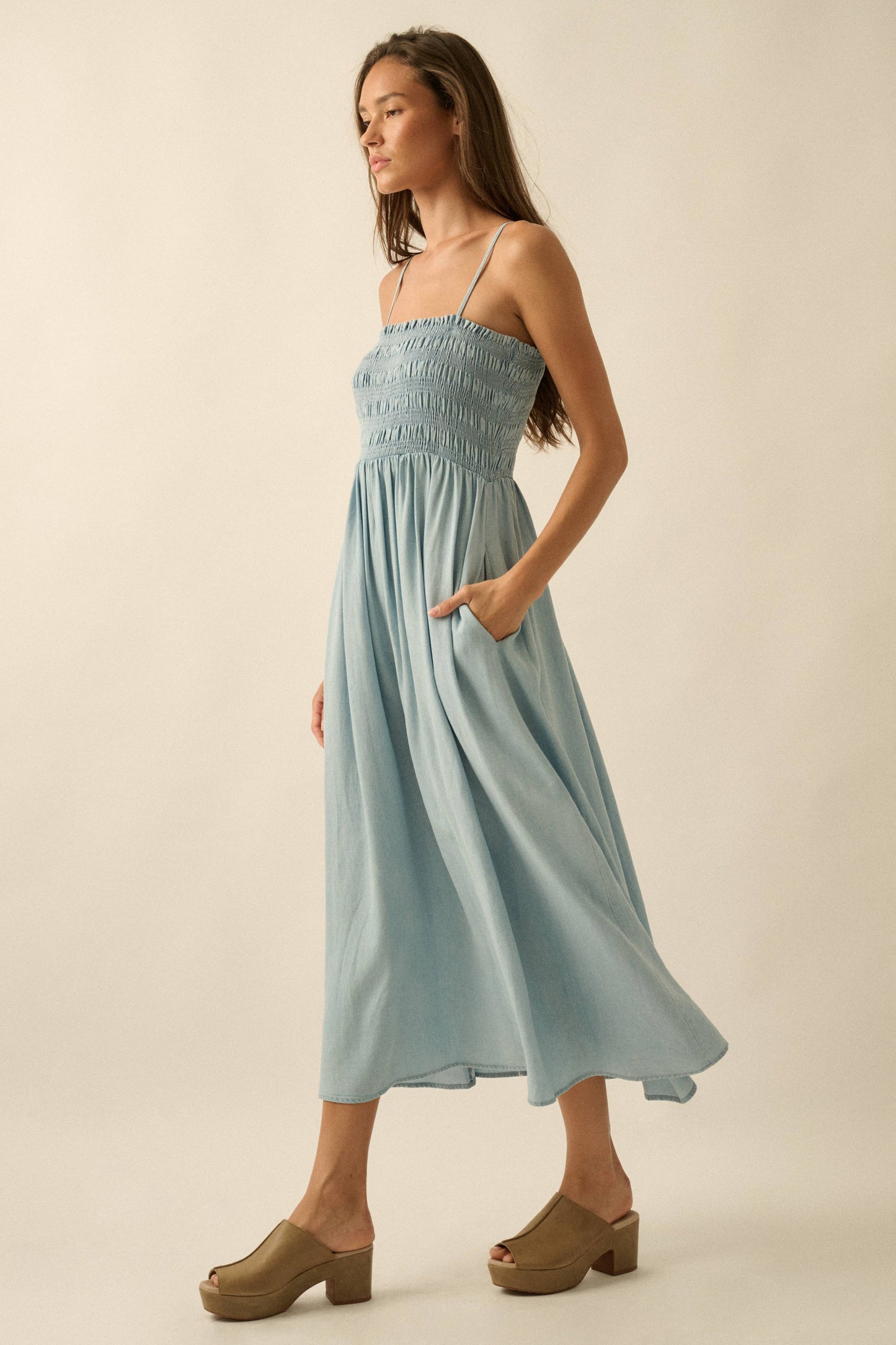 Denim Smocked Midi Dress