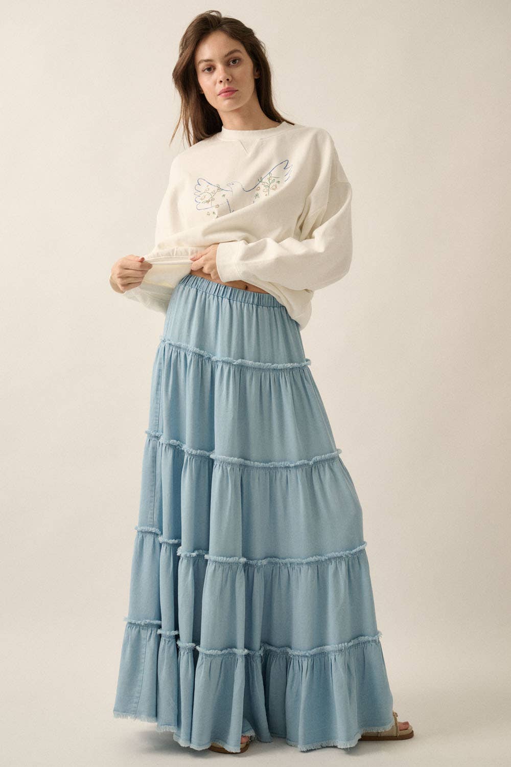 Denim Tiered Maxi Skirt