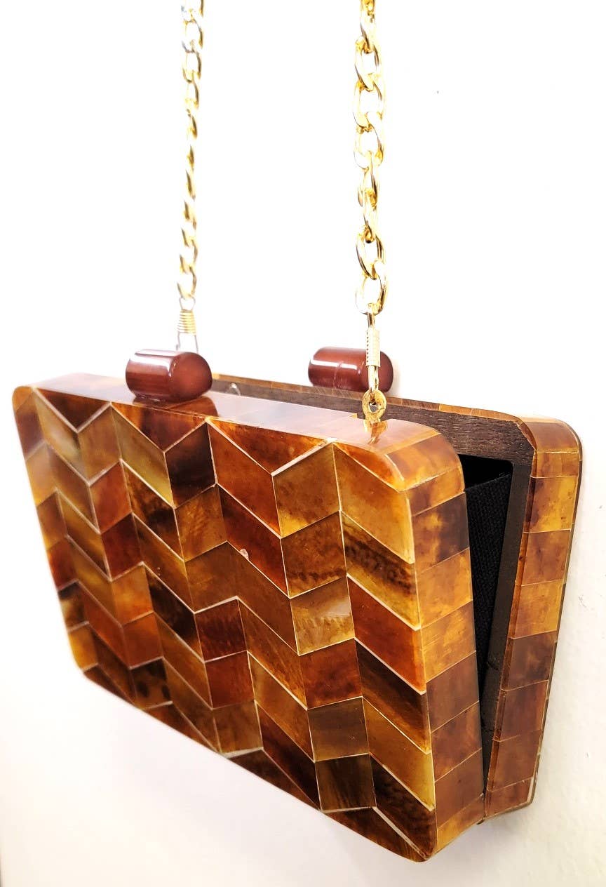 Box Clutch Wood Acrylic Inlay Tortoise Chevron