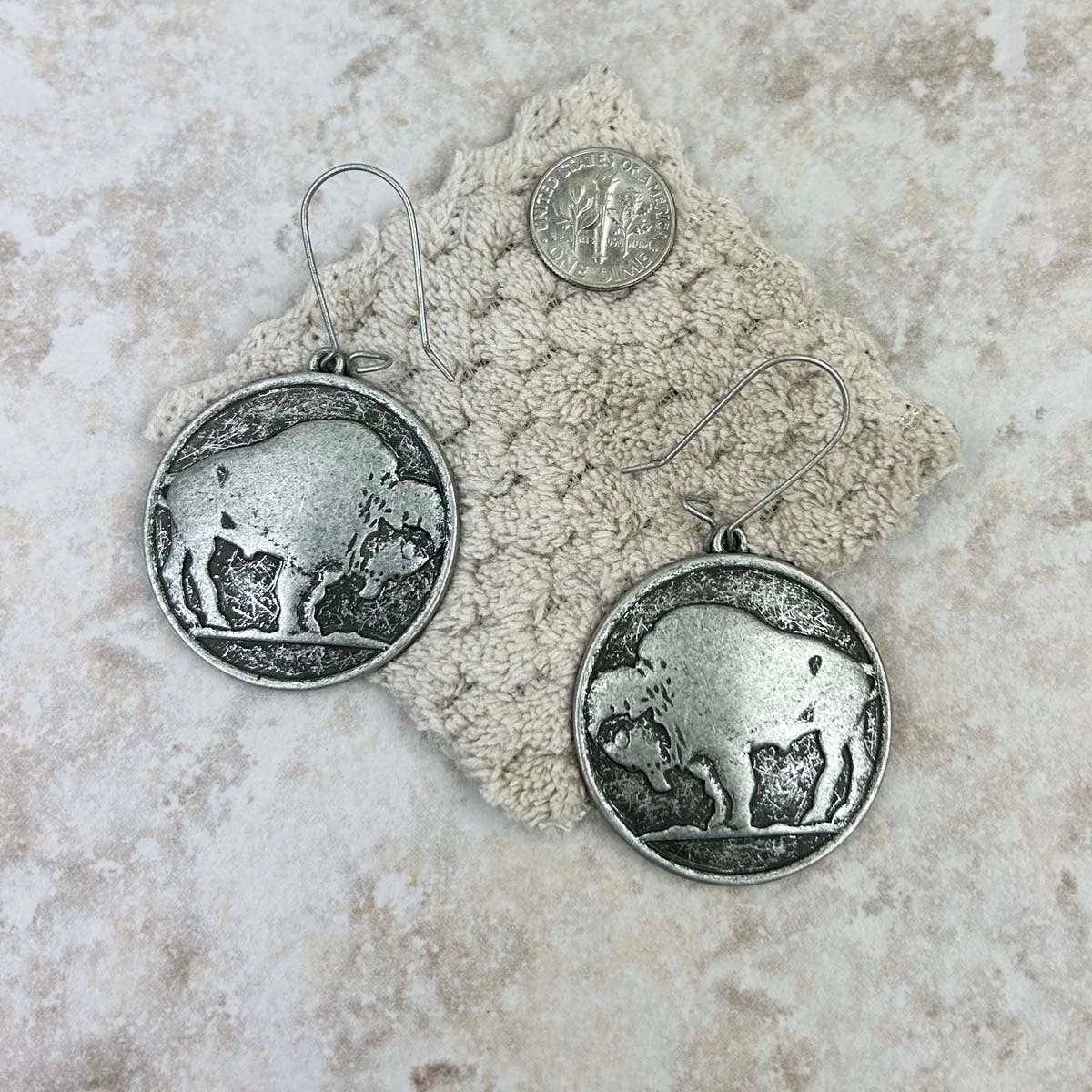 Antique Silver Buffalo Concho Earrings