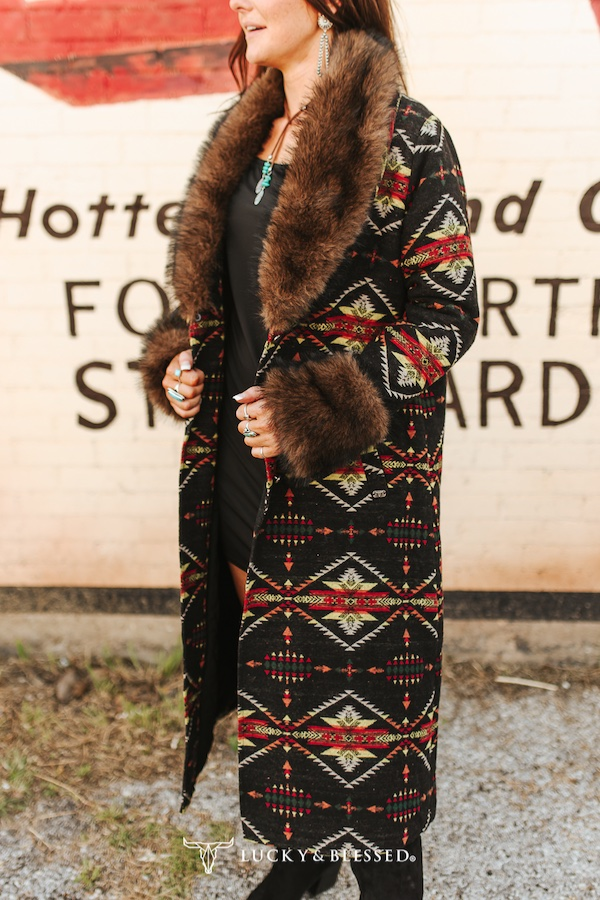 Black Aztec Long Coat w/fur