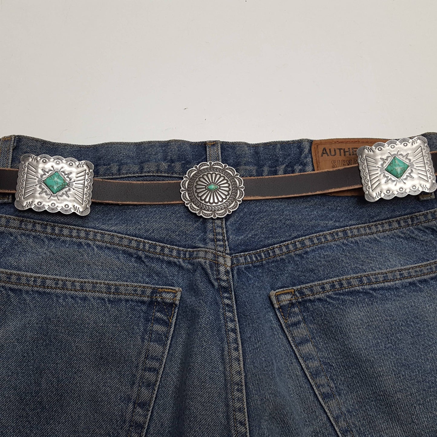 Western Genuine Distressed Leather belt Alternating Conchos