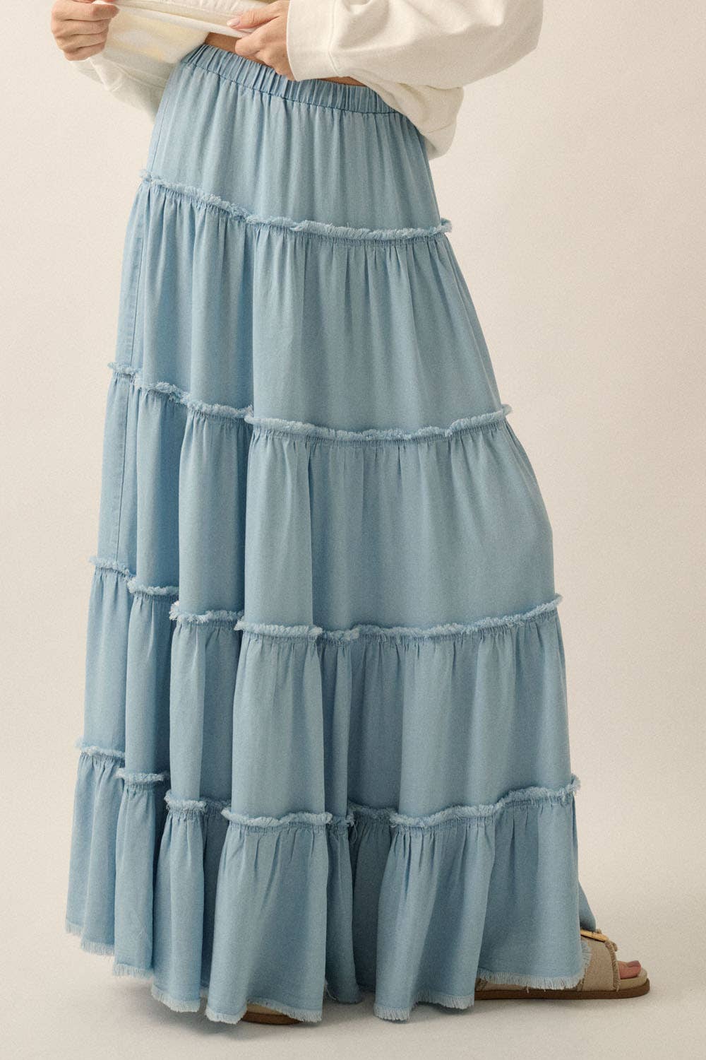 Denim Tiered Maxi Skirt