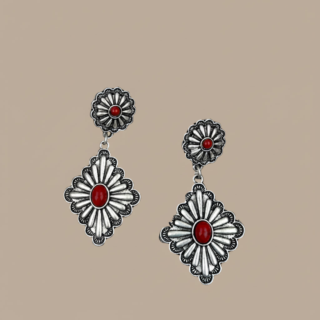 Silver Earrings with Red Stone Concho