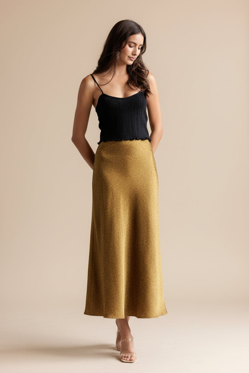 LEOPARD SATIN JACQUARD MIDI SKIRT