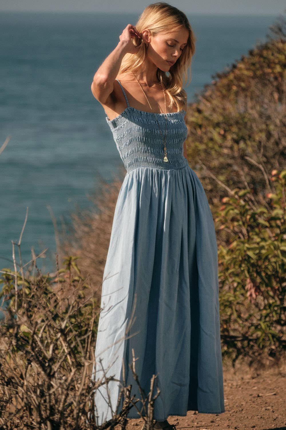 Denim Smocked Midi Dress