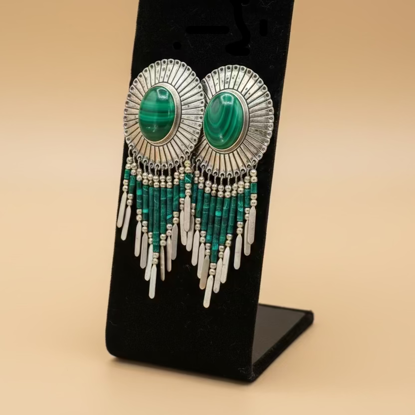 Malachite Sunburst Fringe Earrings