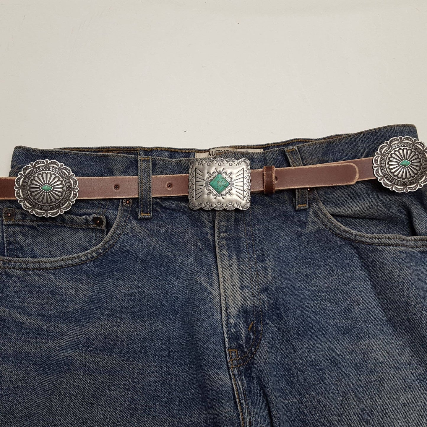 Western Genuine Distressed Leather belt Alternating Conchos