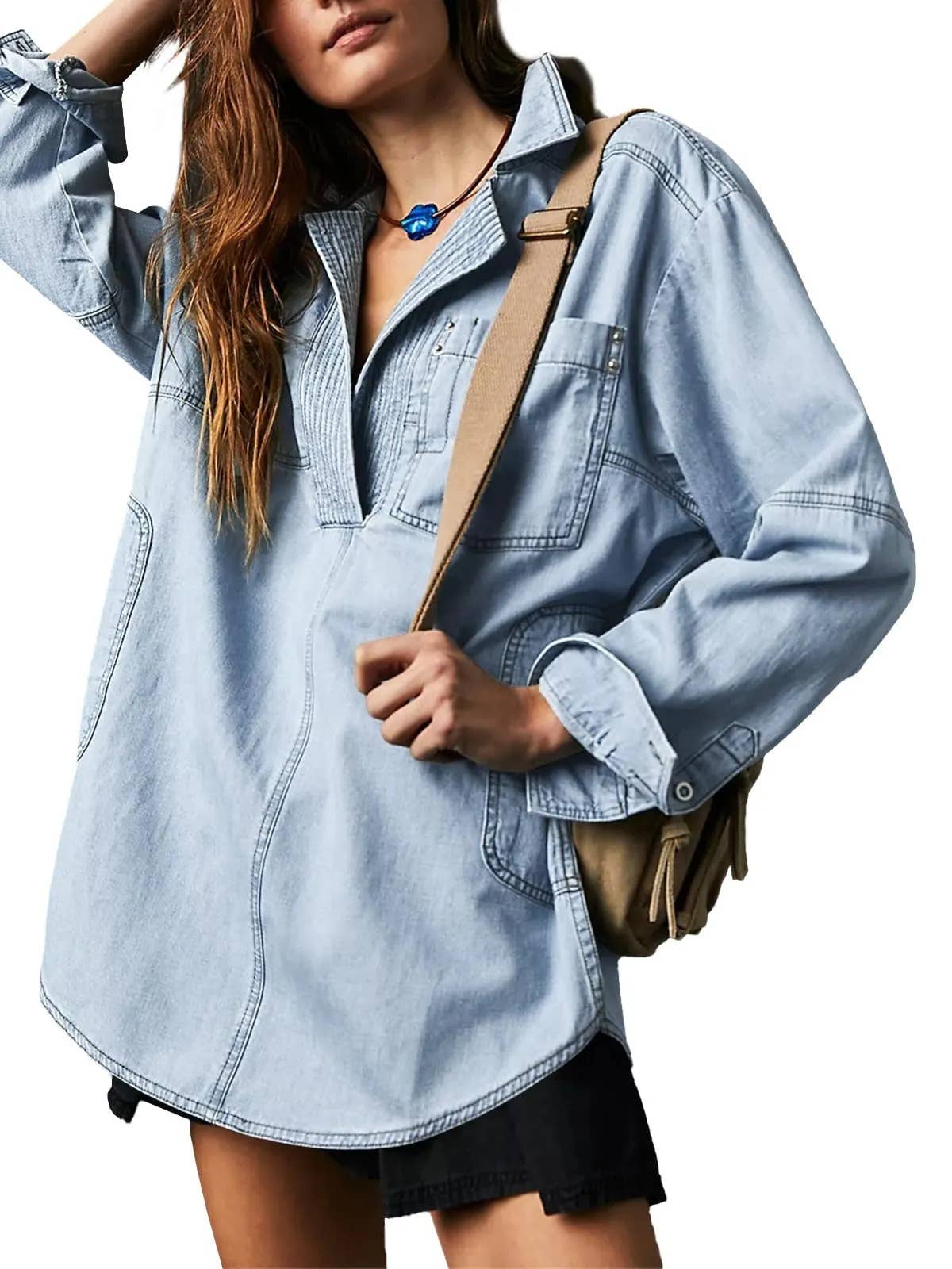 Old School oversized Washed Denim v-neck Pullover