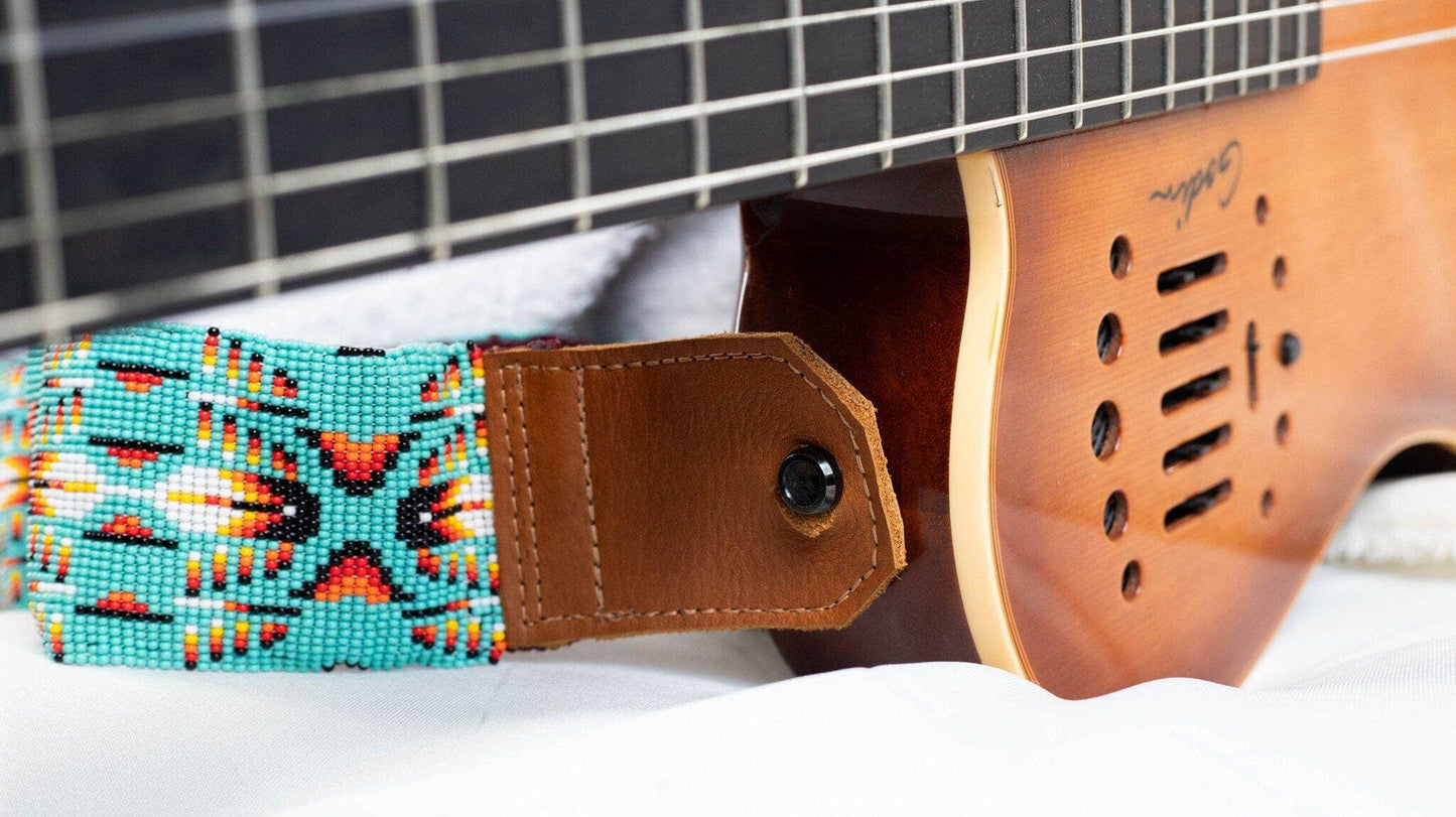 Eagle Feathers Beaded Leather Guitar Strap