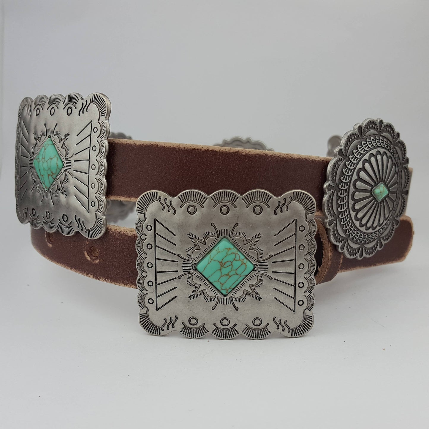 Western Genuine Distressed Leather belt Alternating Conchos