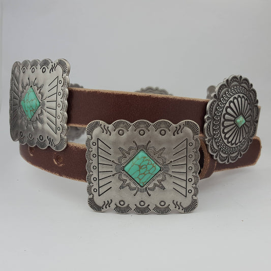 Western Genuine Distressed Leather belt Alternating Conchos