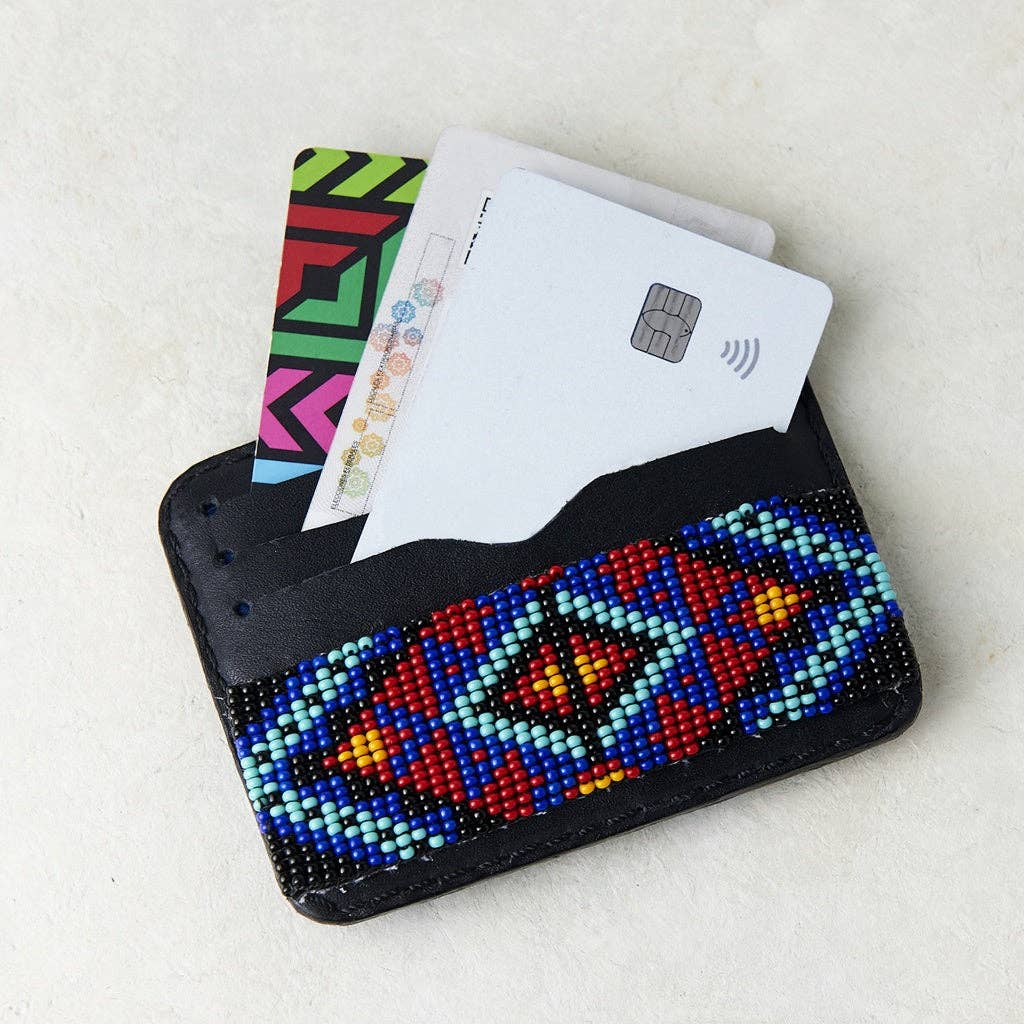 Sunset Silhouette Beaded Leather Wallet in Black, Red & Blue
