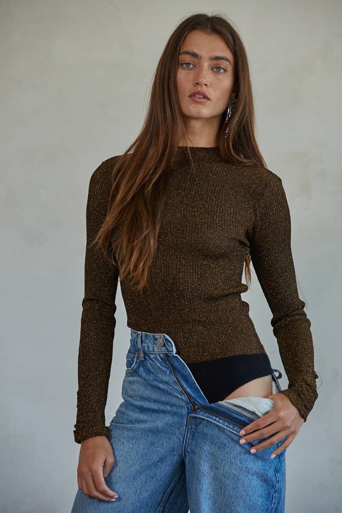 Afterglow Metallic Ribbed Mock Neck Bodysuit