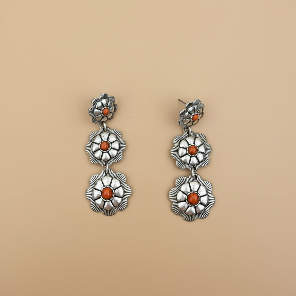 Silver Orange Stone Flower Concho Earrings