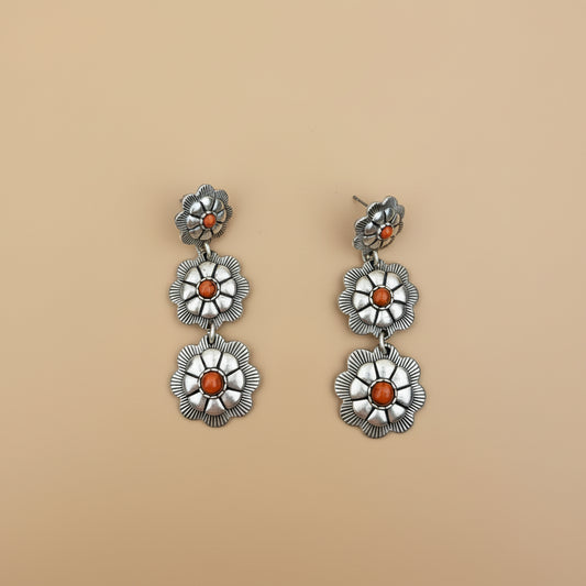 Silver Orange Stone Flower Concho Earrings