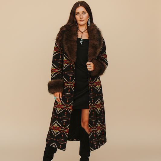 Black Aztec Long Coat w/fur